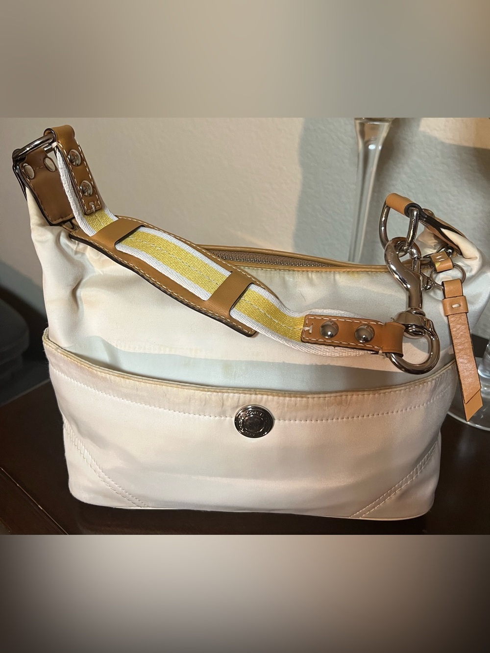 Coach Cream Shoulder Bag with Yellow-Striped Accent Strap